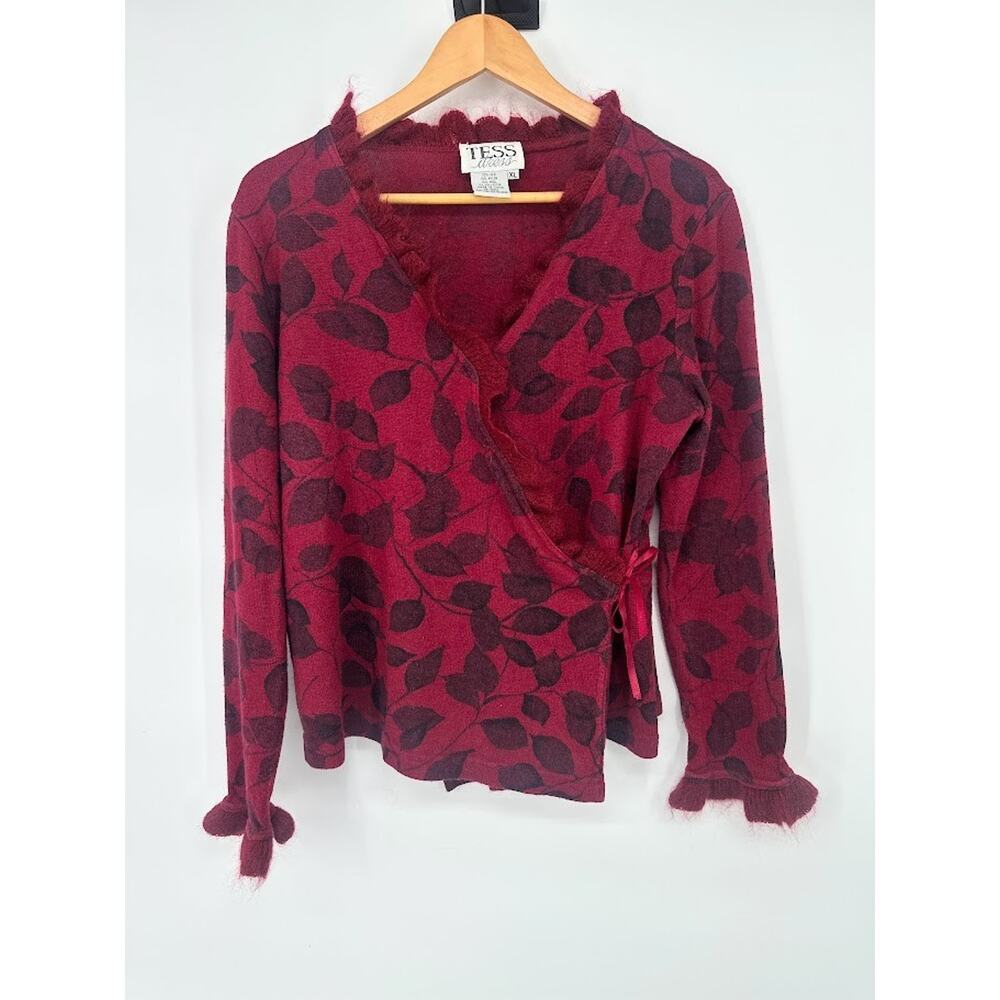 Tess‎ Dress Floral Wrap Sweater Y2K Size XL Silk Wool Blend Ruffle Red Romantic